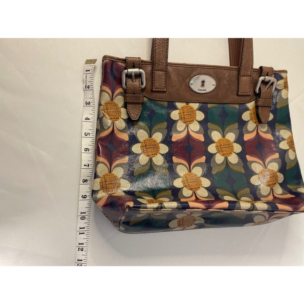 Fossil Key-Per Retro Floral Coated Canvas Tote Brown Leather Trim Multi-Color - Picture 13 of 14
